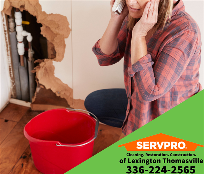 Woman in distress after noticing a broken pipe in her home. SERVPRO of Lexington/Thomasville logo.