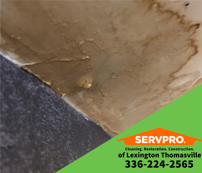 Water Damage to Ceiling from Leaky Roof. SERVPRO of Lexington/Thomasville logo.